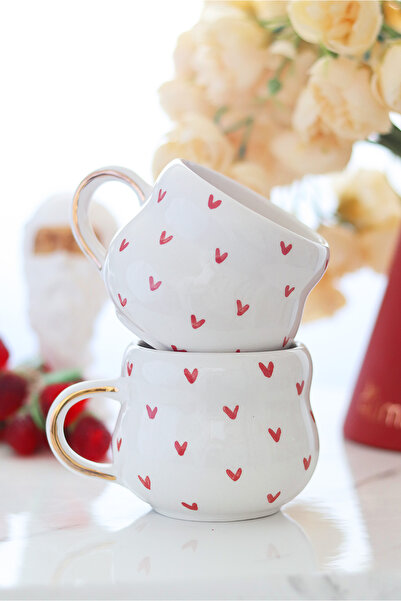 ada mia seramik Heart Patterned 24K Gold Decorated Handmade Ceramic Mug 200ml
