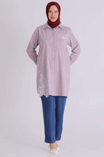 ottoman wear Behrem Büyük Beden Tesettür Çizgili Tunik Bordo OTW23037