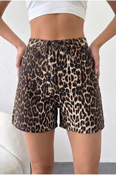 HerTon Pantaloni scurți din denim cu imprimeu leopard din seria Premium