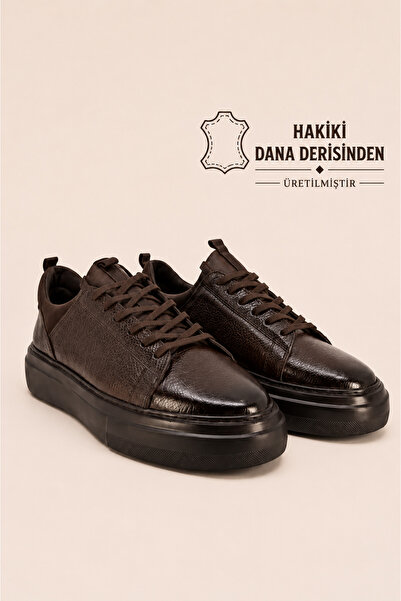 VARNAS ErkekKahve Hakiki Deri Streç Ağızlı Bağcıklı Günlük Sneaker- Milano