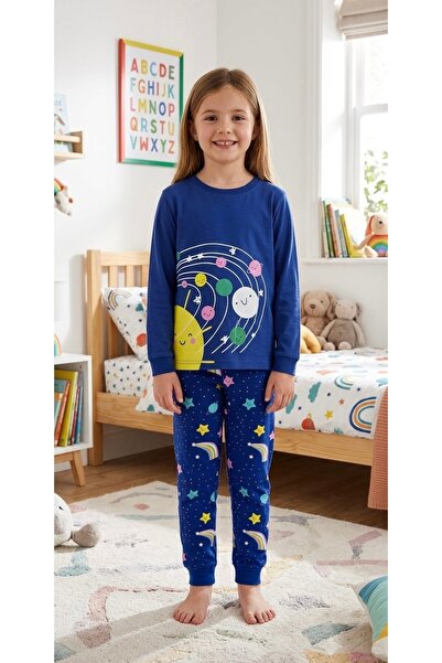 elmas kids Σετ πιτζάμες για κορίτσια από 100% βαμβάκι Navy Blue Planet Star μ...