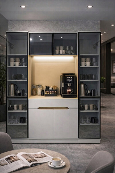 Modi Coffee Corner Kitchen Cabinet Multi-Purpose Cabinet with Glass 3 Module Matte Mink with Led Shelf