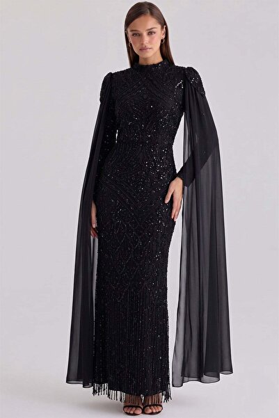 Bead Patterned Cape Detailed Exclusive Modest Evening Dress BLACK 1093