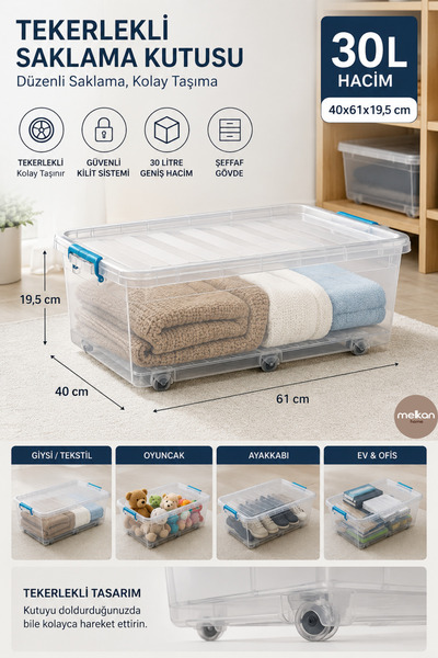 Melkan Home Tekerlekli Kilitli Saklama Kabı 30 Litre – Çok Amaçlı Depolama ve...