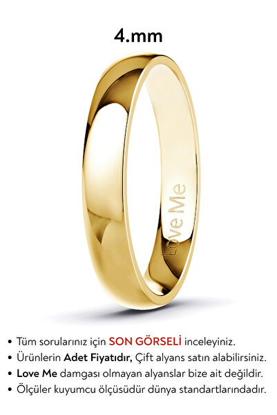 Love Me 4mm Parlak Altın Renk Kararmaz Unisex Bombeli Çelik Alyans Yüzük LM-432G