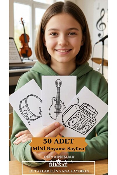 Esey Dizayn Müzik Dünyası Boyama Seti 50 Adet MİNİ Boyama Sayfaları 7+ Yaş Ço...