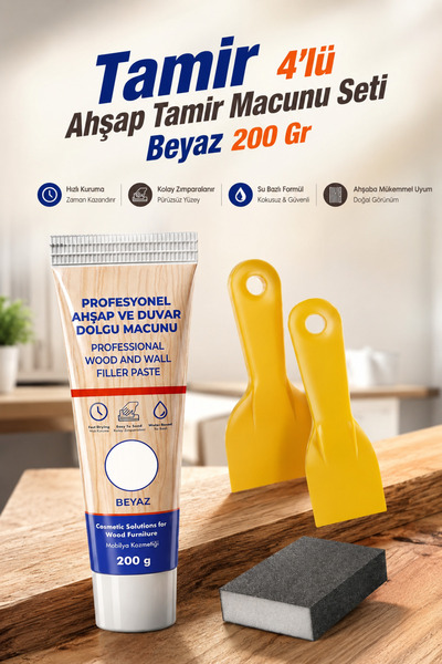 NZB Ahşap ve Duvar Tamir Seti Beyaz 200 Gr Dolgu Macunu 6 cm Spatula 220 Kum ...