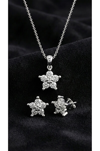 Roza Silver Zirkon Taşlı Rodyum Manolya Çiçeği Kolye Küpe 2'li Gümüş Set
