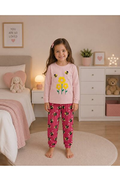 Pijamakids Κοριτσίστικο σετ πιτζάμες 100% βαμβακερό, με ροζ μαργαρίτες και χα...