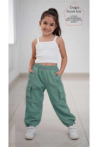 SmallTouch Paçası ve Beli Ayarlanabilir Lastikli Kız Çocuk Yeşil Paraşüt Pant...