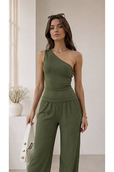 BELISTIL Set verde cu pantaloni drapați cu talie înaltă și top cu un singur umăr