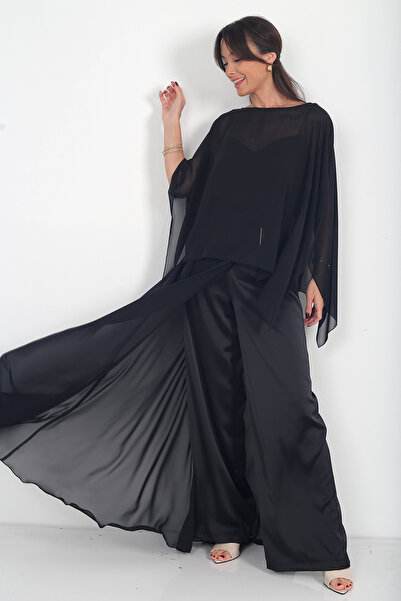 By Saygı Women's Special Design Triple Set with Chiffon Cape and Gold Accesso...