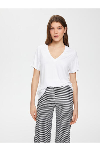 Faik Sönmez Tricou de damă oversize minimalist cu decolteu în V - mânecă scurtă