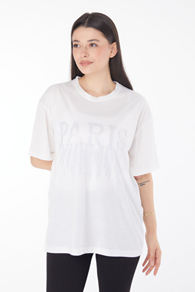 TOFİSA Tricou de damă cu guler drept, culoare ecru, cu aplicații de piatră - ...