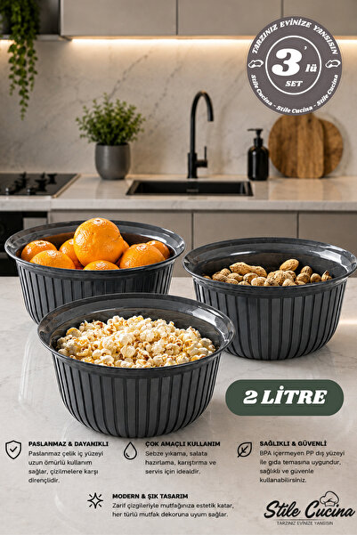Stile Cucina 3-Piece Economical Linea Round Bowl Set Anthracite (3 X 2 Liters)