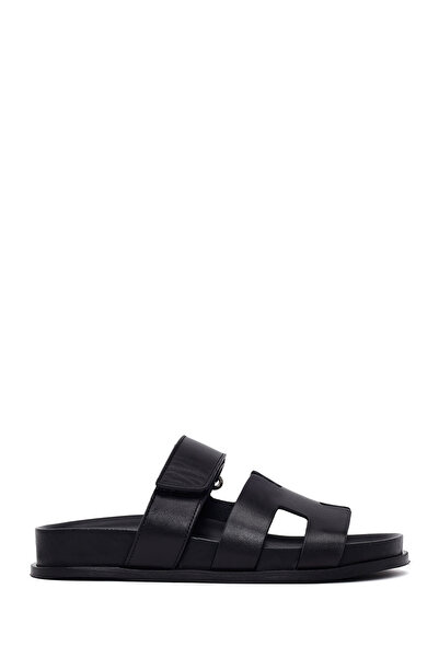 Derimod Women's Black Banded Thick Soled Leather Slippers 26Sfd120418