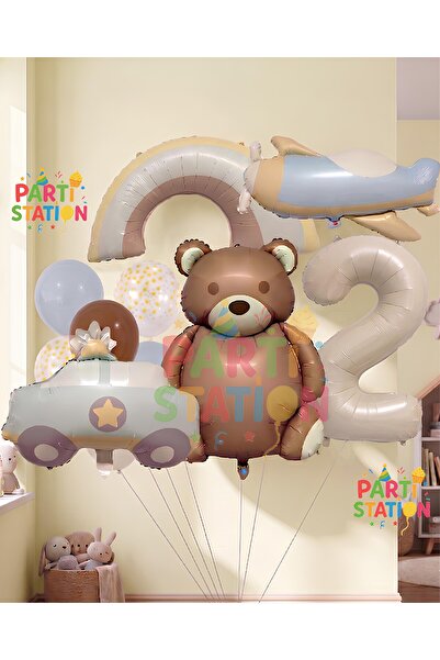 Parti Station Retro Ayıcık Polis Arabası Gökkuşağı Uçak Konsept 2 Yaş Balon S...