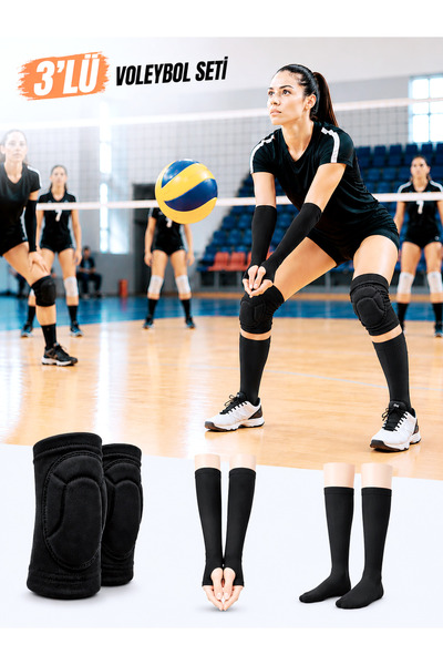 hn sport طقم وسادات ركبة للكرة الطائرة باللون الأسود مكون من 6 قطع وأكمام طوي...