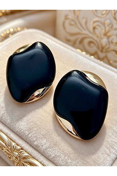 ayoljewelry Black Oval Steel Earrings with Gold Frame