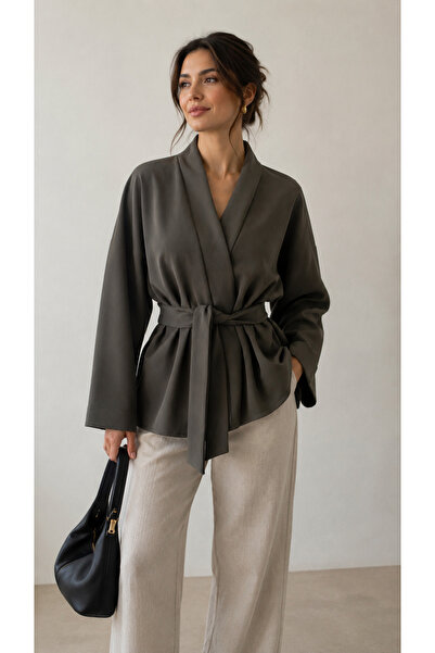 Glowear Atelier Haki Modal Kumaş Soft Touch Premium Kuşaklı Kimono Ceket