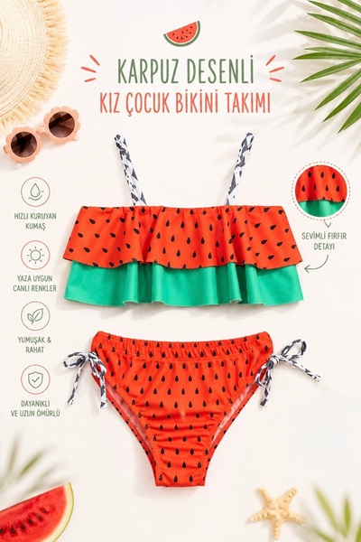 Little Honey Bunnies Karpuz Desenli Çocuk Bikini Mayo