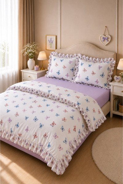 Madame Home SET DE PAT CU VOLANE PENTRU PAT DOBLE CU CĂPTUȘEALĂ ELASTICĂ