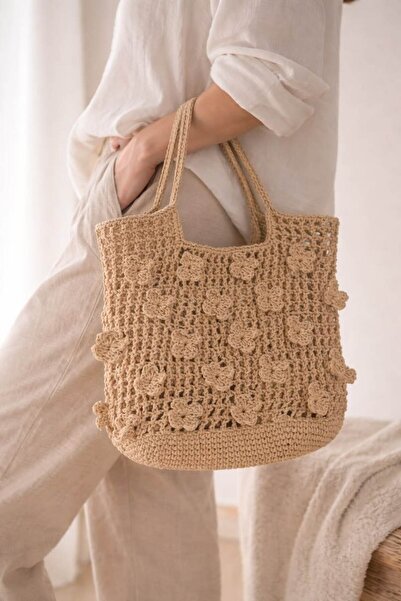 ARTTMACRAME Women's Hand-Knitted Bag, Floral Model Bag, Pearl Detailed Bag, S...