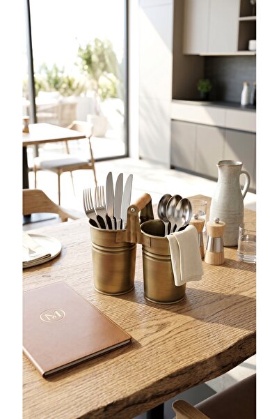 GreyfurtArt İkiz Uzun Gold Sarı Renk Kalemlik Kaşıklık Peçetelik Kafe Restoran Tipi Dekoratif Eşya
