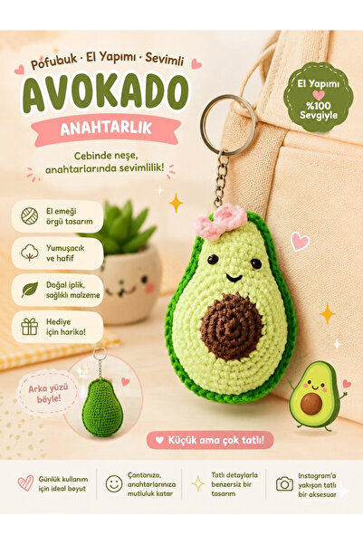 Vintage Tasarım Atölye El Yapımı Örgü Pofuduk Amugurumi Avokado Anahtarlık