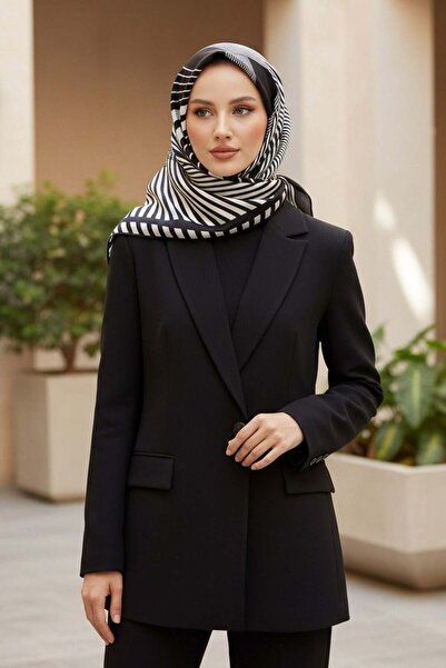 Vissona %100 Twill İpek Çizgili Desenli Siyah - Krem Renkli 90x90 Eşarp Dikim...