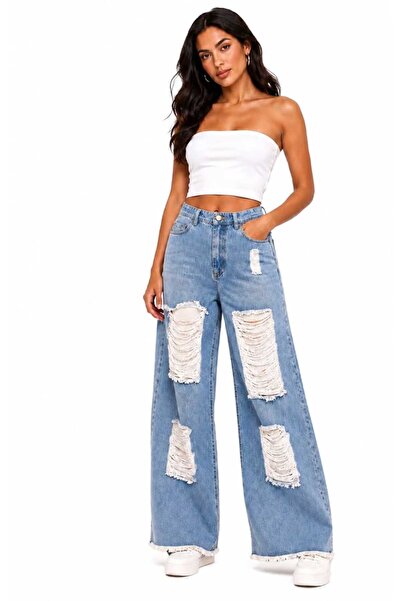 CHEVALIER FASHION Women's High Waist Distressed Wide Leg Denim Jeans