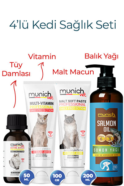 Munich Vet Kediler için 4'lü Set Biotine Plus & Balık Yağı & Malt Paste & Mul...