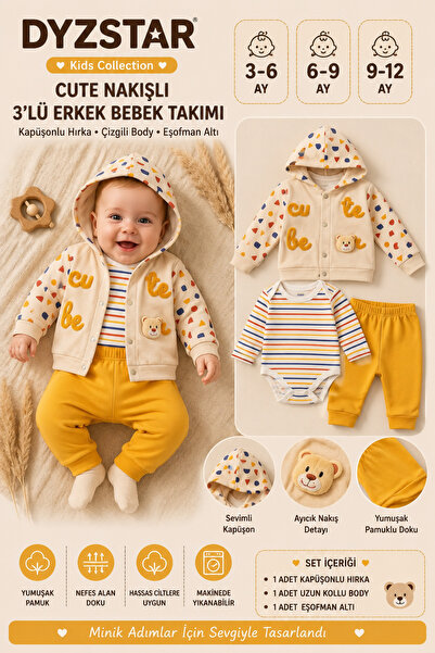 DYZSTAR Cute Embroidered 3-Piece Baby Boy Set Hooded Cardigan Striped Bodysui...