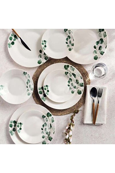 PAN HOME Eucalyptus Foliage 12-piece Porcelain Dinner Set -white & Green