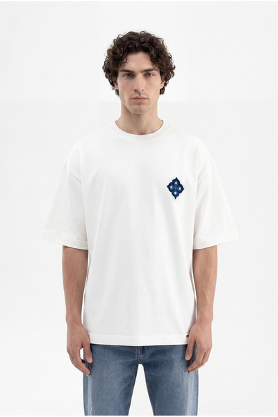 Machinist Tricou oversize pentru bărbați, cu broderie cu model etnic, ecru