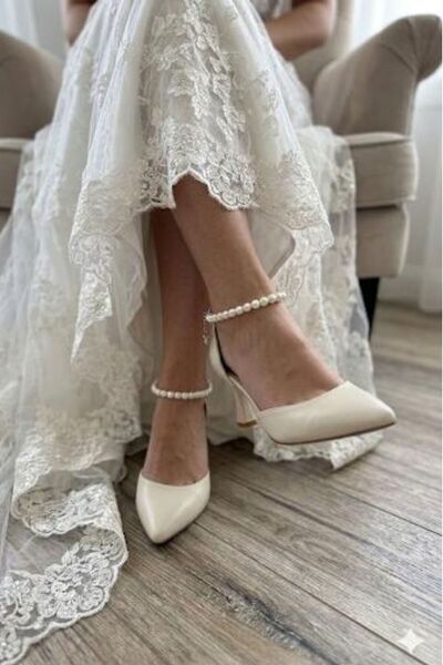 LİNEER Kadın Sedef Kırık Beyaz Rahat 7 cm Kadeh Topuklu İncili Stiletto Gelin...