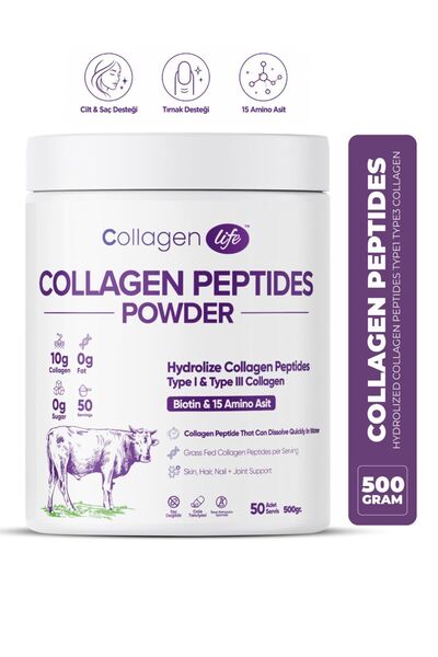 COLLAGEN LIFE Hidrolize Kolajen Peptit Tip 1 - Tip 3 Kolajen 500g - Biotin & ...