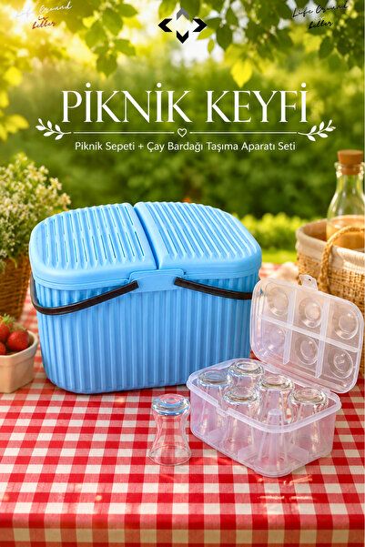 LİGROUND 30 Litre Renkli Büyük Kulplu Kapaklı Piknik Sepeti Piknik Seti Çay B...