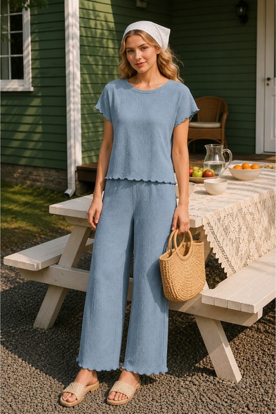 rindahomewear Costum de pijama Bürümcük din țesătură albastră cu mâneci scurte