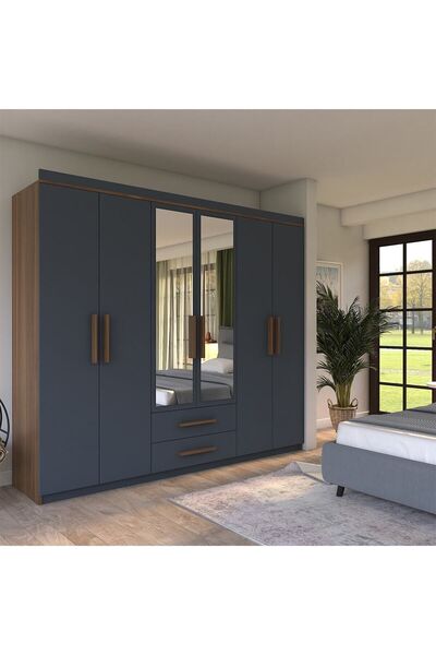 Metalia Gm820 Armina Lüx 6 Kapı 2 Çekmeceli Aynalı Ceviz-Antrasit Gri Gardırop