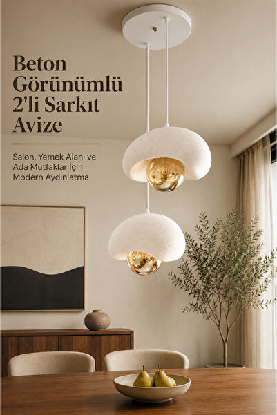 fao shop 7/24 Beyaz Beton Görünümlü 2’li Sarkıt Avize Salon Mutfak Tavan Lamb...