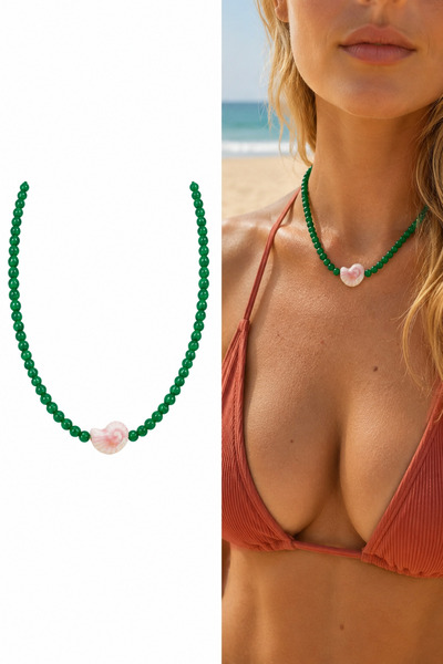 Arsaley Collection Deniz Kabuğu Charm Yeşil Yazlık Boncuk Kadın Kolye