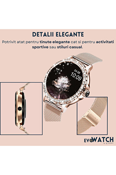 Evolve-x ®   Smartwatch EvoWatch 9 pentru femei cu apeluri și mesaje Bluetooth, monitorizare sănătate și asistent vocal, 2 brățări incluse