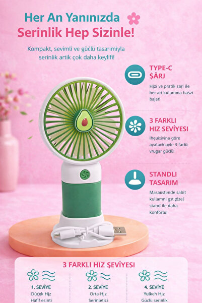 fitfiyat Mini Taşınabilir Yeşil-Beyaz Meyve Figürlü Sessiz El Fanı 3 Hız Ayar...