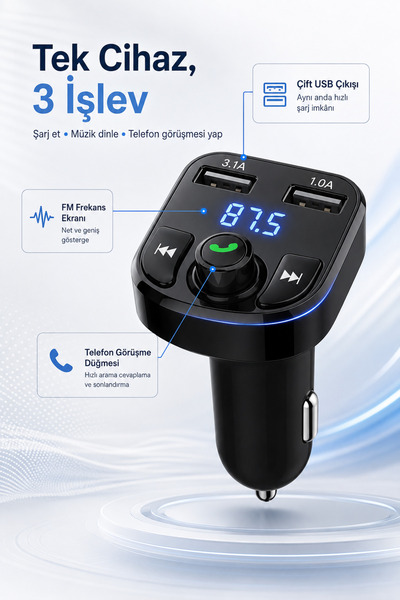 Beatitude Araç Bluetooth Fm Transmitter Cihazı Araba Mp3 Çalar Oto Çakmaklık Şarj Aleti Müzik Kiti