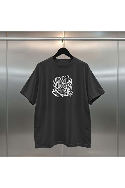 buzagi tasarım ürünleri Don'T Waste Time Oversize Digital Printed Black T-Shirt