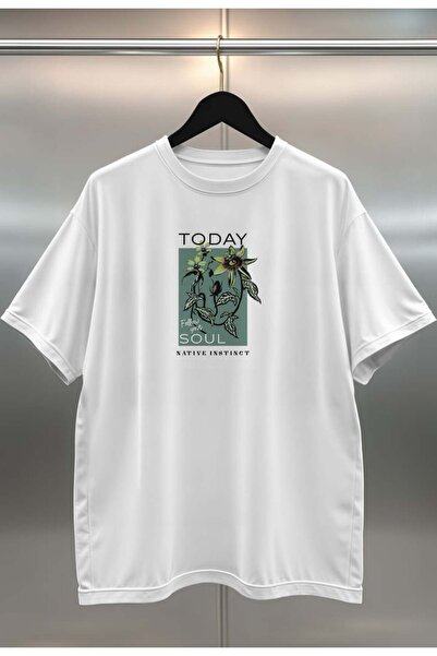 buzagi Today Digital Printing Oversize White Unisex T-Shirt