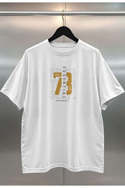 buzagi tasarım ürünleri Push Yourself Digital Print Oversize Unisex White T-S...