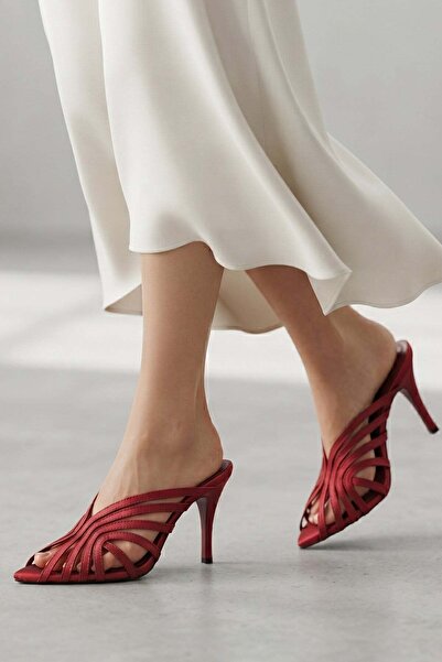 Modezya Carter Red Satin Ankle Strap Pointed Toe Women's Heeled Shoes
