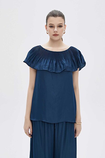 mica Women's Solid Boat Neck Blouse with Ruffle Details